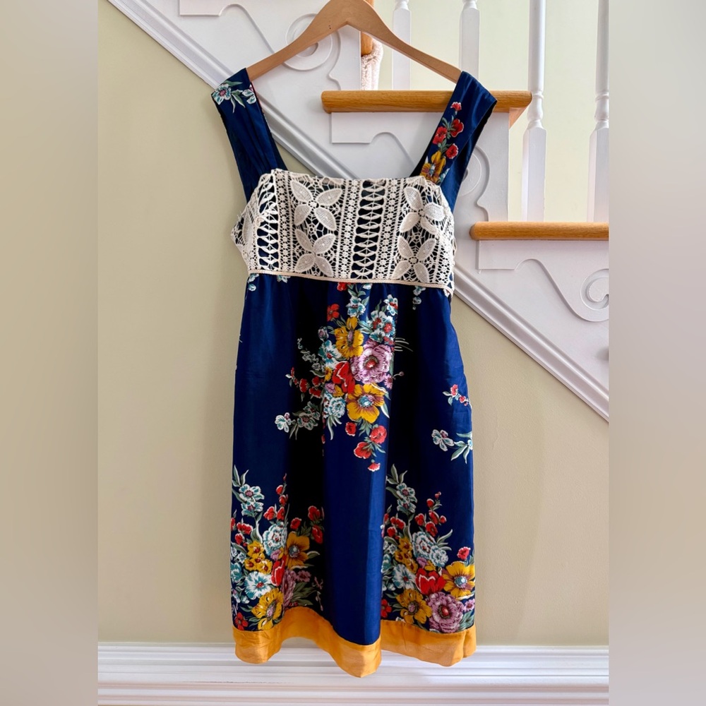 Nick & Mo Navy Blue Floral Midi Dress with Lace - Picture 2 of 9
